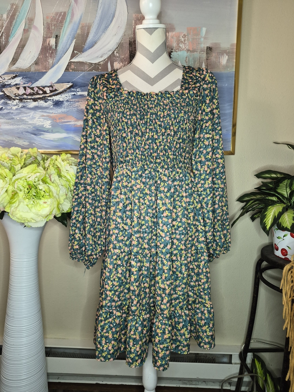 Liberty Love Green Floral Smocked Midi Dress